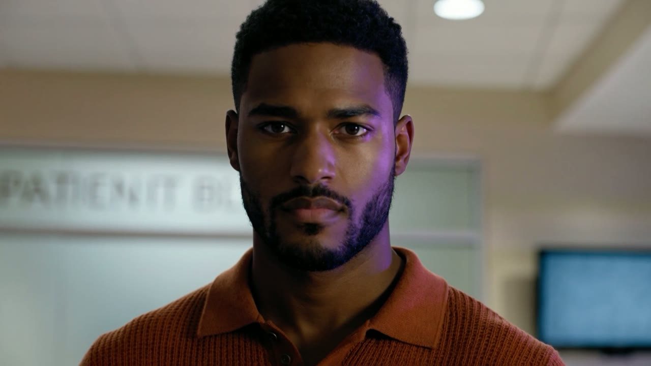 A young man in a rust shirt looks straight at camera in a hospital corridor