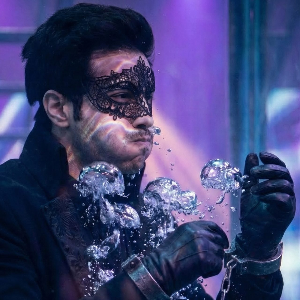 A masked magician submerged in a water tank