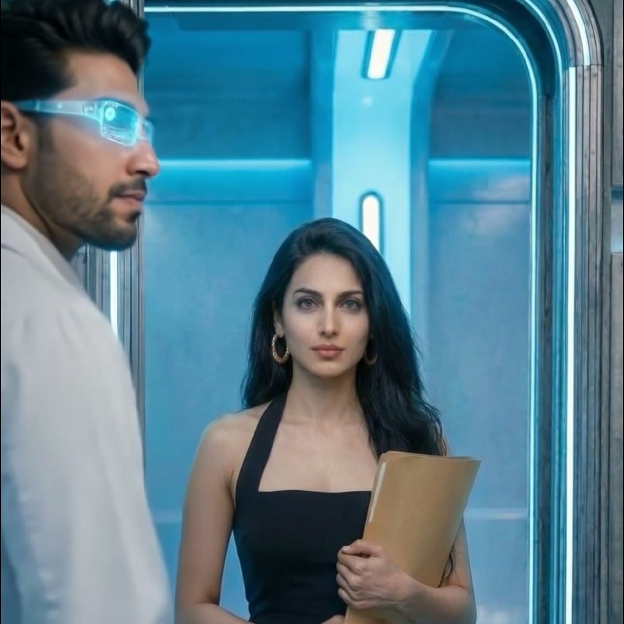 A scientist in a white coat and a woman in black at a lab door